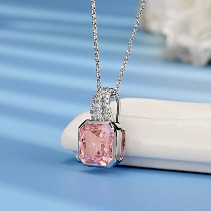 925 Silver Cubic Zirconia Pink Necklace P0046F - Image 3