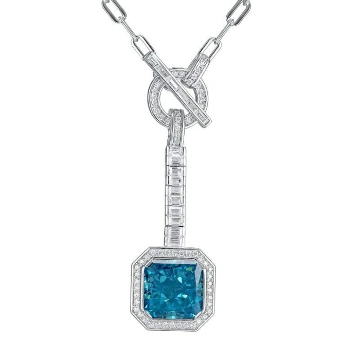 925 Silver Cubic Zirconia Blue Necklace P0340B - Image 1