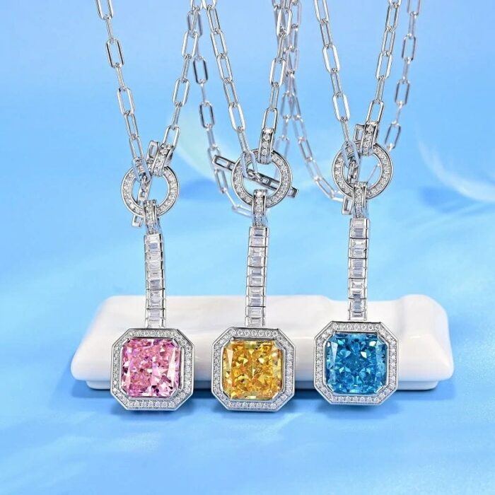 925 Silver Cubic Zirconia Blue Necklace P0340B - Image 3