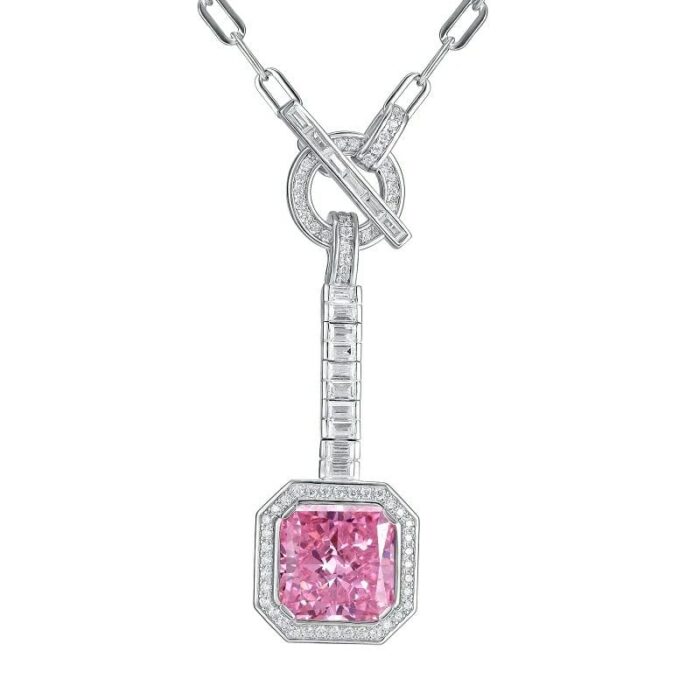 925 Silver Cubic Zirconia Pink Necklace P0340F - Image 1