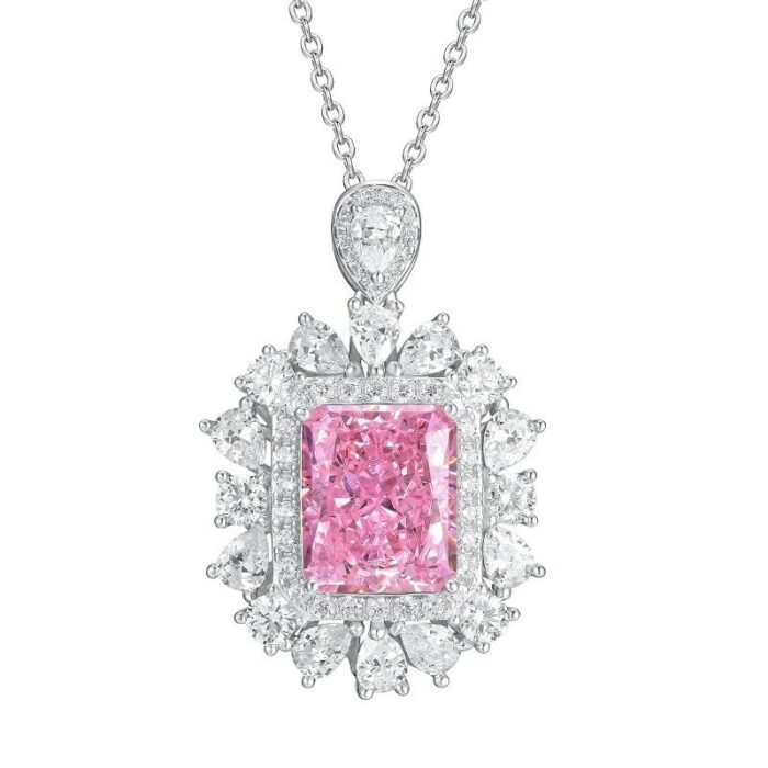 925 Silver Cubic Zirconia Pink Necklace P0357F - Image 1