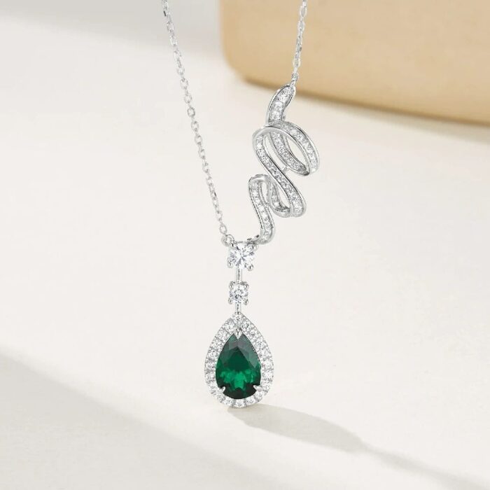 925 Silver Cultured Emerald Necklace P0606 - Image 2