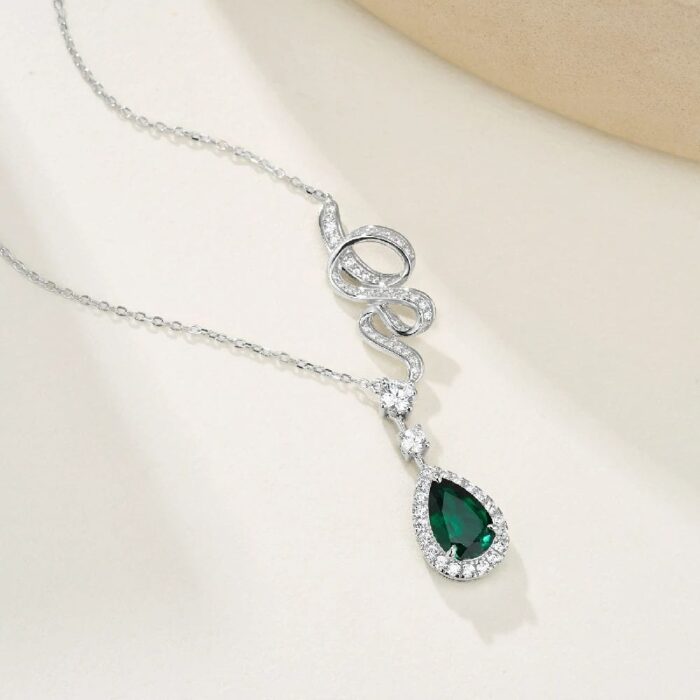925 Silver Cultured Emerald Necklace P0606 - Image 3