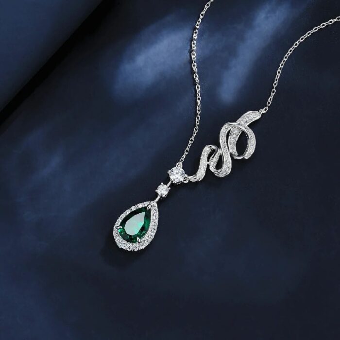 925 Silver Cultured Emerald Necklace P0606 - Image 4