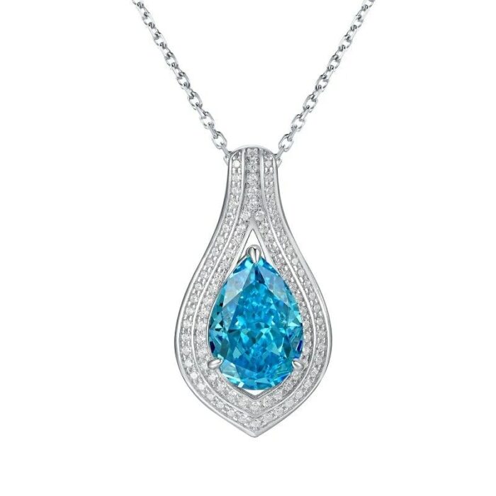 925 Silver Cubic Zirconia Blue Necklace P0622B - Image 1