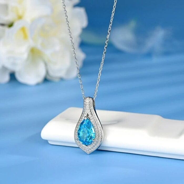 925 Silver Cubic Zirconia Blue Necklace P0622B - Image 2