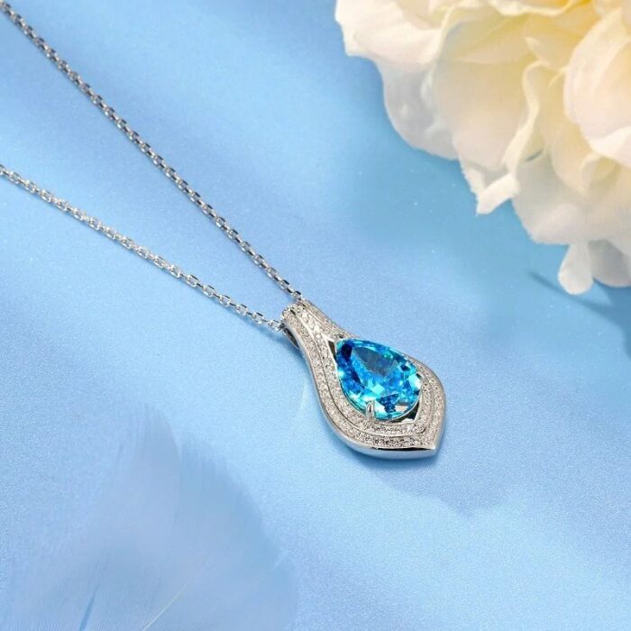 925 Silver Cubic Zirconia Blue Necklace P0622B - Image 3