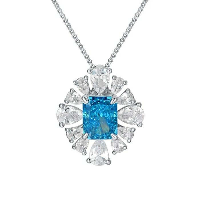 925 Silver Cubic Zirconia Blue Necklace P0626B - Image 1