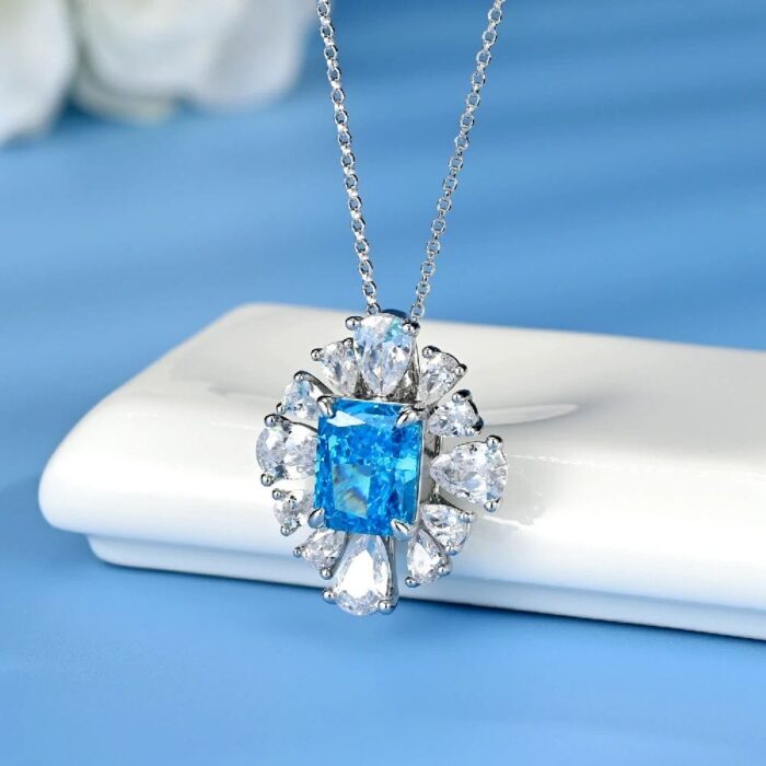 925 Silver Cubic Zirconia Blue Necklace P0626B - Image 2