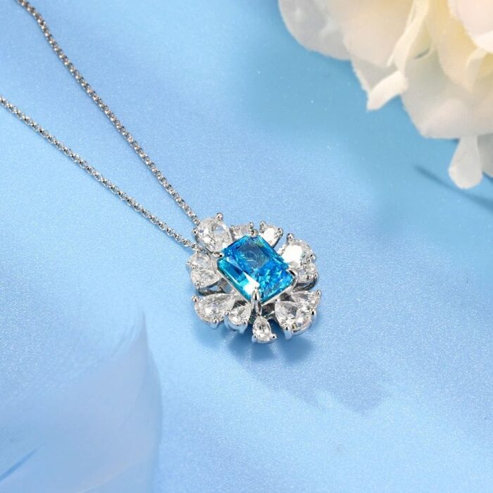 925 Silver Cubic Zirconia Blue Necklace P0626B - Image 3