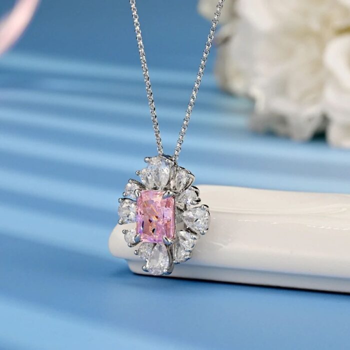 925 Silver Cubic Zirconia Pink Necklace P0626F - Image 3