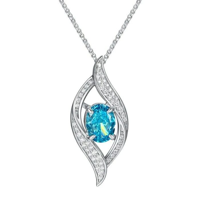 925 Silver Cubic Zirconia Blue Necklace P0627B - Image 1