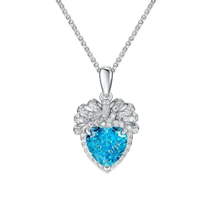 925 Silver Cubic Zirconia Blue Necklace P0628B - Image 1