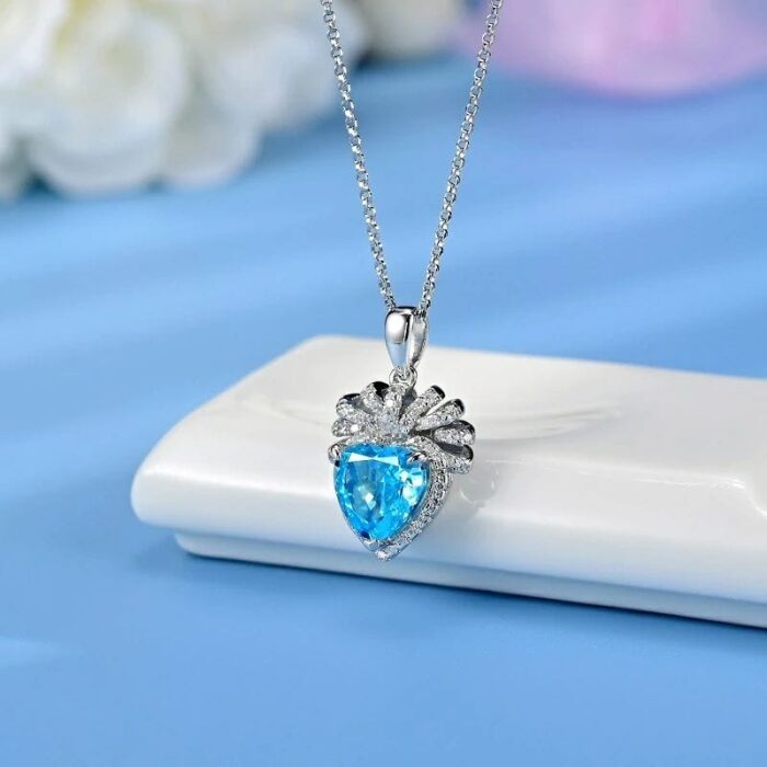 925 Silver Cubic Zirconia Blue Necklace P0628B - Image 2