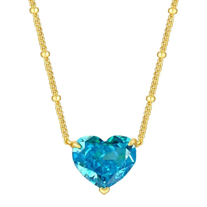 925 Silver Cubic Zirconia Blue Heart Necklace P0676B - Image 1
