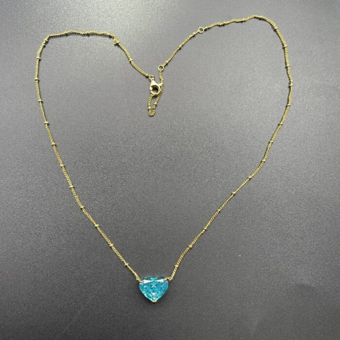 925 Silver Cubic Zirconia Blue Heart Necklace P0676B - Image 3