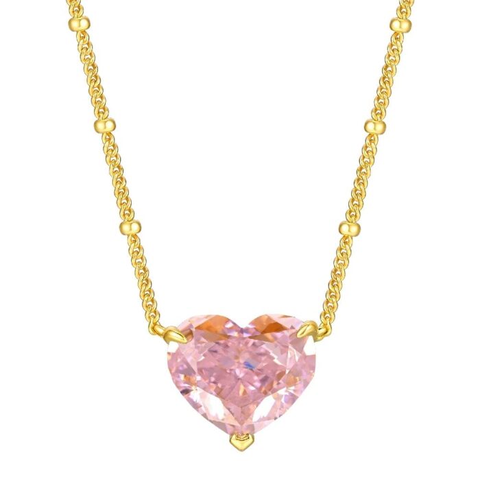 925 Silver Cubic Zirconia Pink Heart K Yellow Necklace P0676F - Image 1