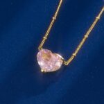 925 Silver Cubic Zirconia Pink Heart K Yellow Necklace P0676F - Image 2