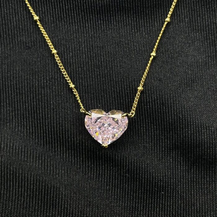 925 Silver Cubic Zirconia Pink Heart K Yellow Necklace P0676F - Image 4