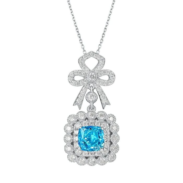 925 Silver Cubic Zirconia Blue Necklace P0699B - Image 1