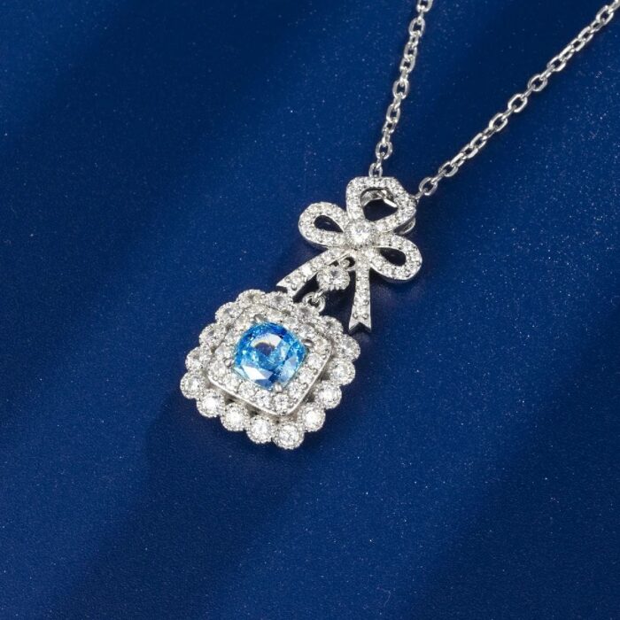 925 Silver Cubic Zirconia Blue Necklace P0699B - Image 2