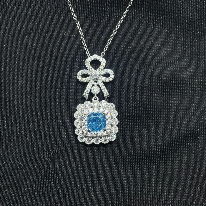 925 Silver Cubic Zirconia Blue Necklace P0699B - Image 3