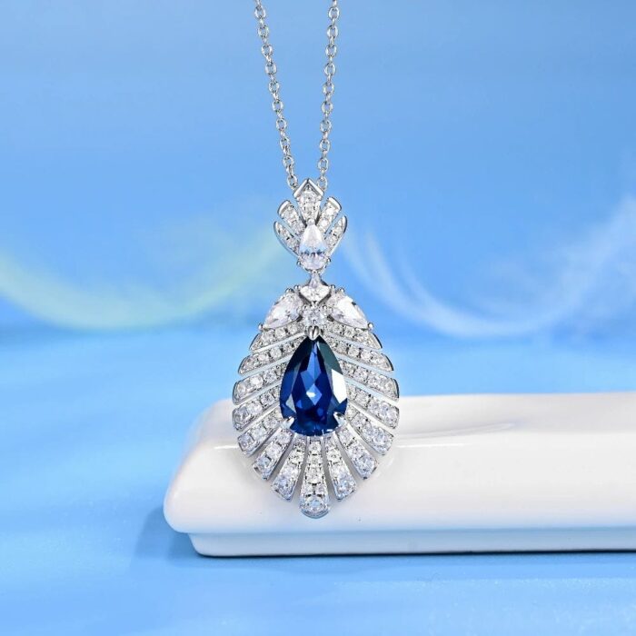925 Silver Lab-Created Blue Sapphire Necklace - Model P0830B - Image 2