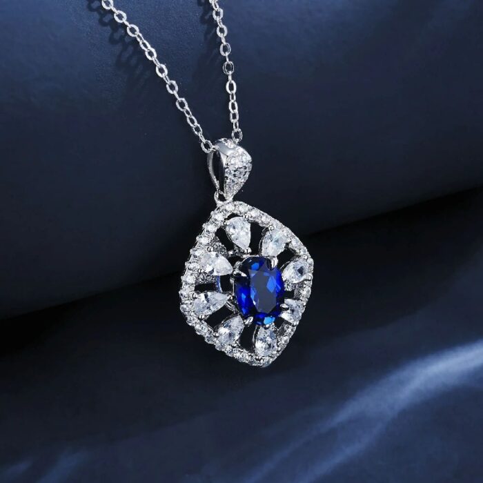 925 Silver Lab-Created Blue Sapphire Necklace - Model ZHF-P1477DB - Image 4