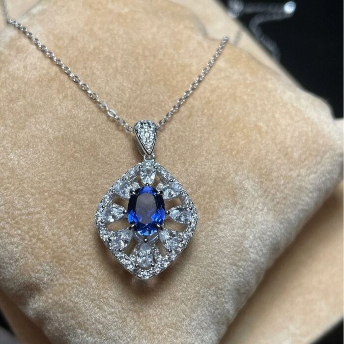925 Silver Lab-Created Blue Sapphire Necklace - Model ZHF-P1477DB - Image 6