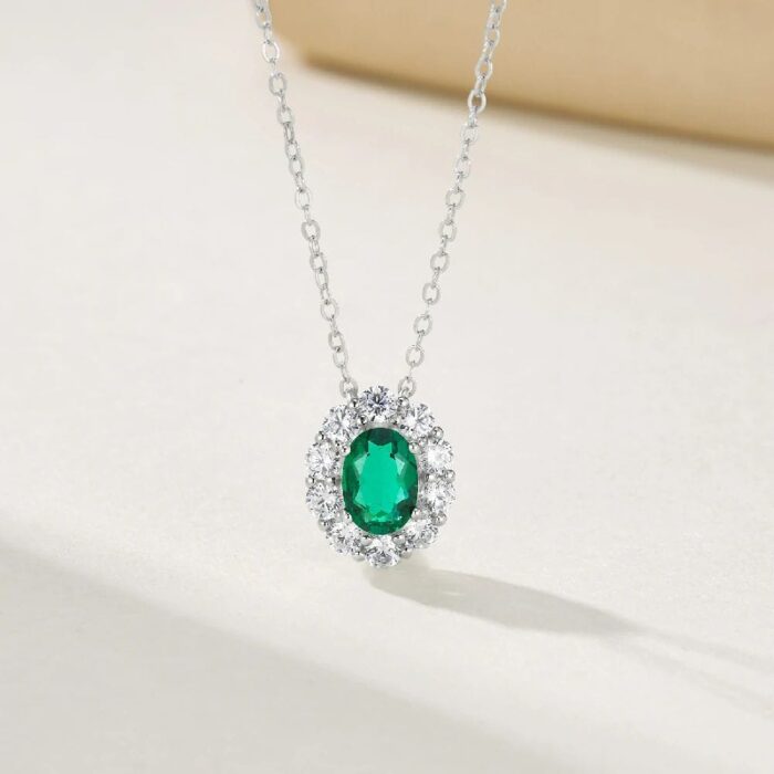925 Silver Lab-Created Emerald Drop Necklace - Model ZHFN0006 - Image 2