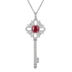 925 Silver Lab-Created Ruby Key Necklace - Model ZHFP0137R