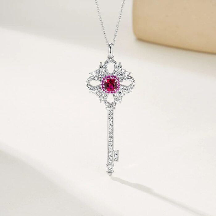 925 Silver Lab-Created Ruby Key Necklace - Model ZHFP0137R - Image 2