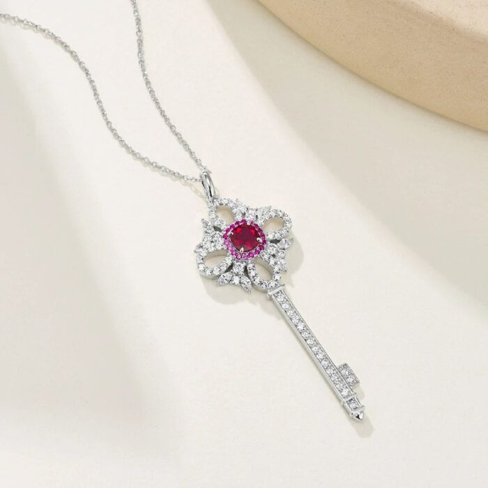 925 Silver Lab-Created Ruby Key Necklace - Model ZHFP0137R - Image 3