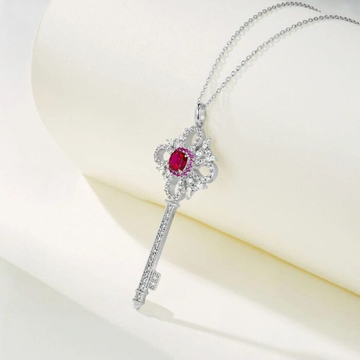 925 Silver Lab-Created Ruby Key Necklace - Model ZHFP0137R - Image 4