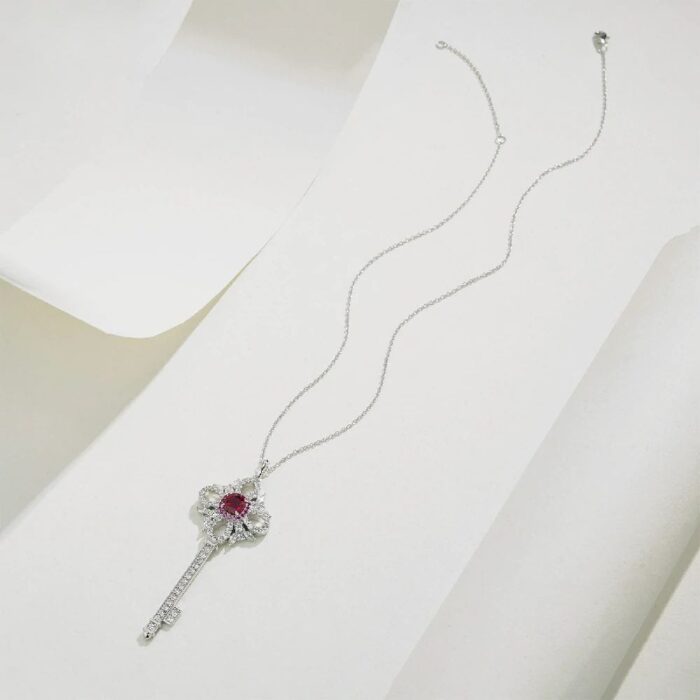 925 Silver Lab-Created Ruby Key Necklace - Model ZHFP0137R - Image 5